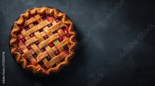 a pie sitting on top of a table next to a plate of strawberries on top of a black table.