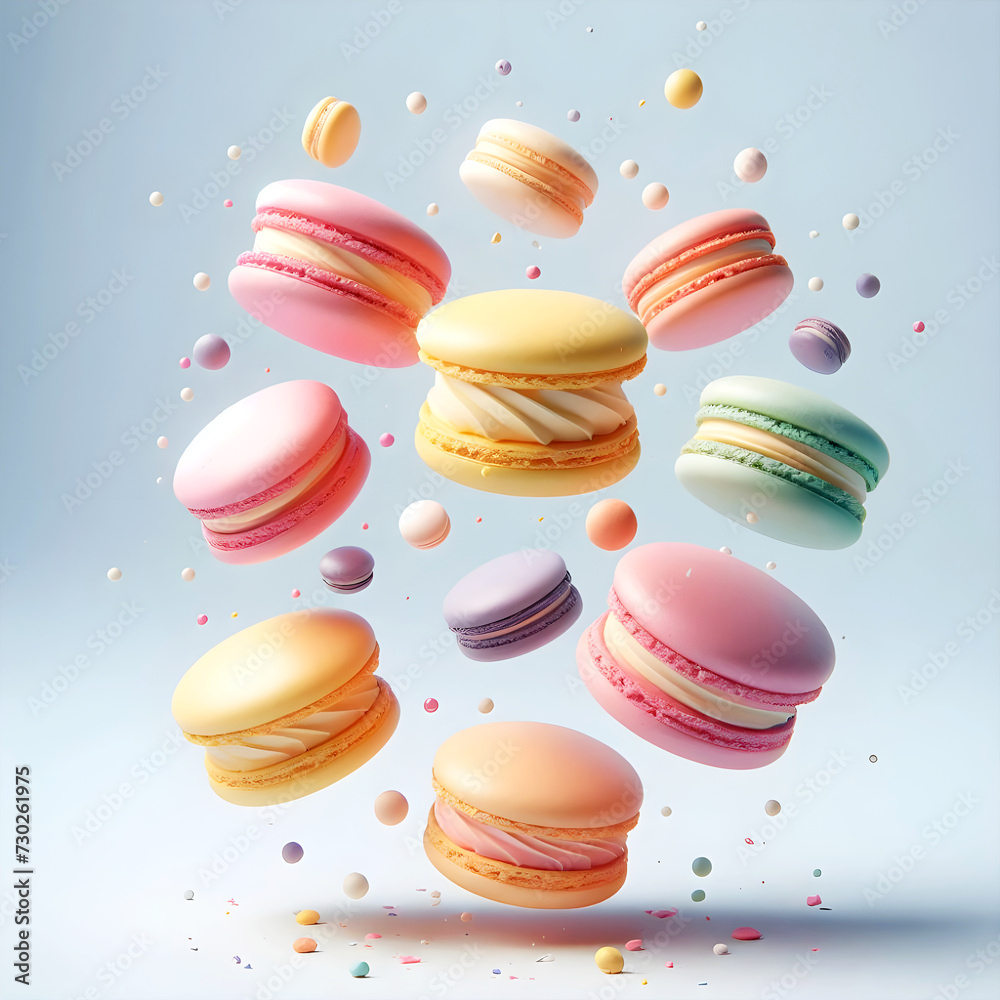 Obraz premium Ethereal Delights: Floating Macarons on a Clean Background