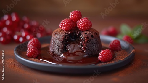 a chocolate cake with raspberries on top of it on a plate next to raspberries on a table.