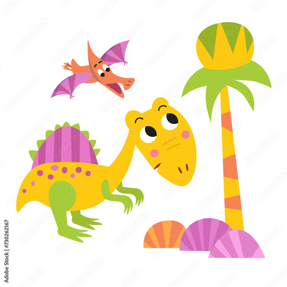 Fototapeta premium Cute cartoon dinosaur. Flat stylised isolated simple illustration for design on white background. Template for text. Vector graphics.