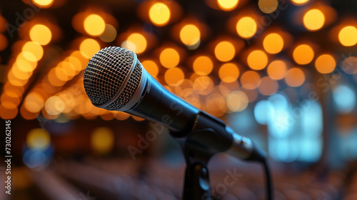 Microphone on abstract blurred of speech in seminar room or speaking conference hall light