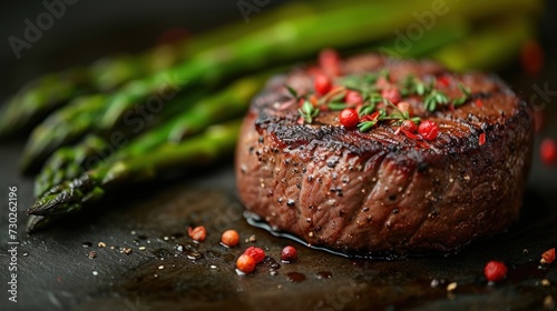 a close up of a steak on a plate with asparagus and seasoning on the top of it. photo