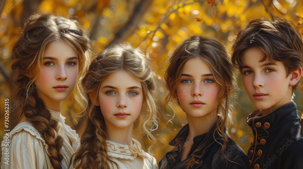 a group of three young girls standing next to each other in front of a tree with yellow leaves on it. a group of three young girls standing next to each other in front of a tree with yellow leaves on it.