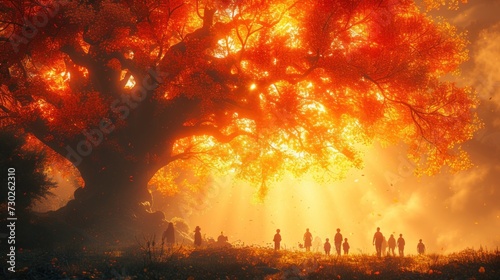a group of people standing in front of a large tree in the middle of a field with the sun shining through the trees.