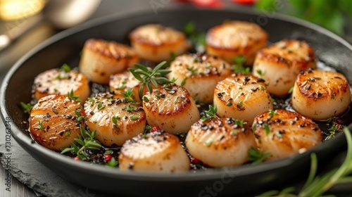 a close up of a pan of food with seared scallops and garnishes on it.
