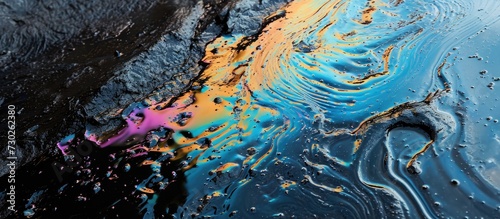 Colorful shapes and iridescence against a reflective surface. Tar and water blend together in the pit. photo