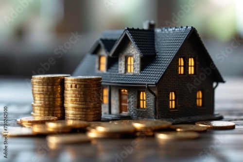 A model of a house and money in the background. The concept of buying a house and a mortgage. Buying a property