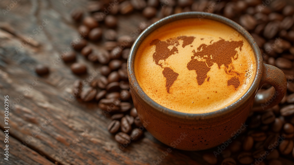 cup full of espresso coffee with world map on froth crema cup full of espresso coffee with world map on froth crema