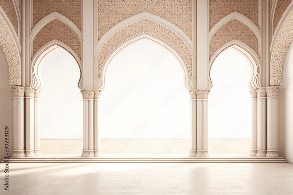 Empty room with arches and pillars. Elegant mosque background