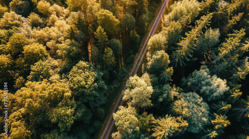 Experience the majestic rainforest from above with this drone-captured aerial view, showcasing the high canopies, dense foliage, and vibrant coolers along the remote highway © DJSPIDA FOTO