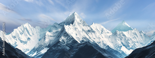 Snow covered mountain peaks on crisp blue sky with transparent clouds, highlighting the serenity and power that emanate from these natural wonders. generative ai