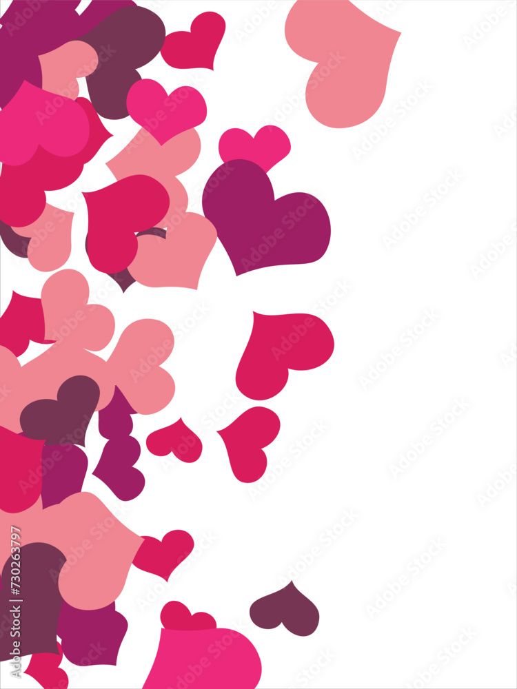 Bright hearts confetti corner frame on white background. Valentine's Day. Banner template. Space for text. illustration.