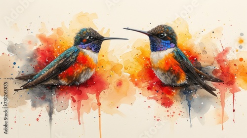 a couple of birds sitting on top of each other in front of a painting of red, yellow, and blue. photo