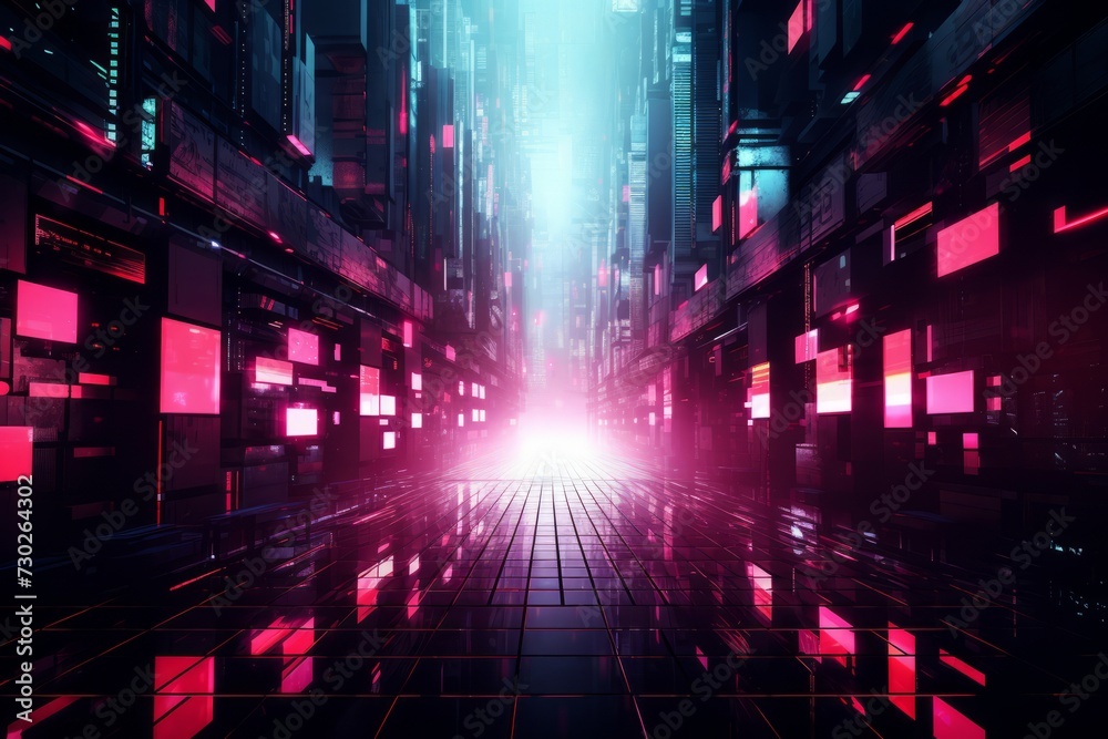 Vibrant and colorful futuristic cityscape with a geometric pattern of pink and purple squares