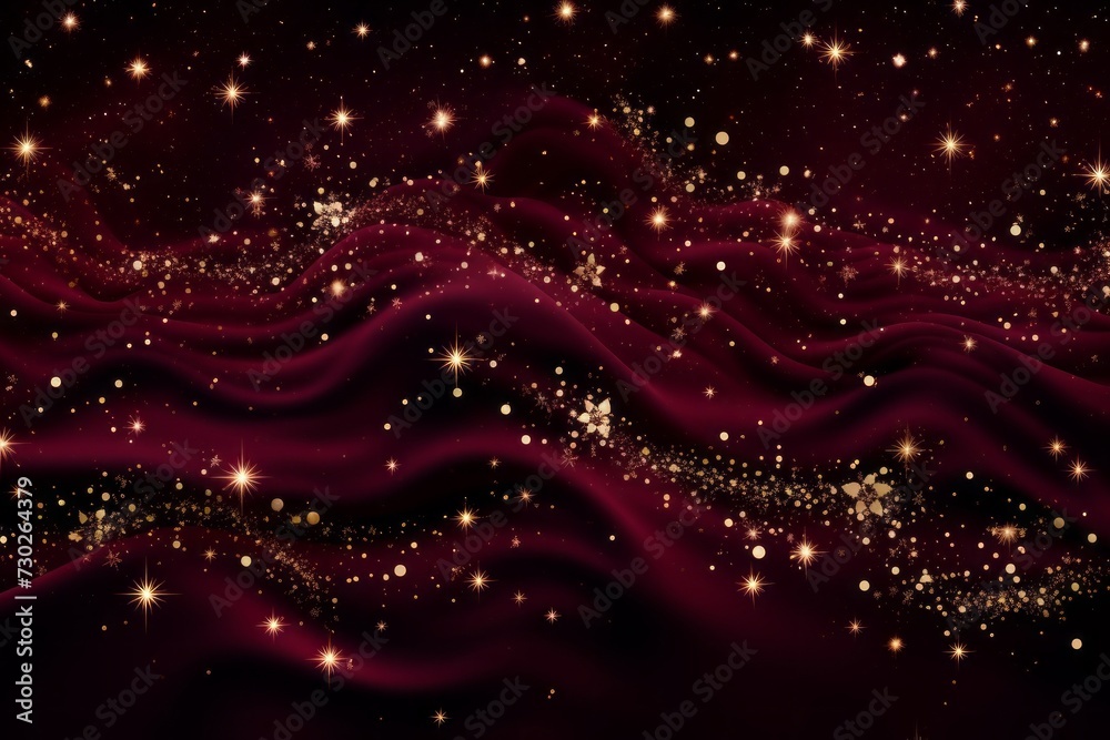 Obraz premium Glittering golden stars and swirls against a rich burgundy background, exuding luxury and sophistication, perfect for elegant holiday designs.