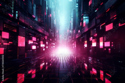 Vibrant and colorful futuristic cityscape with a geometric pattern of pink and purple squares © KerXing