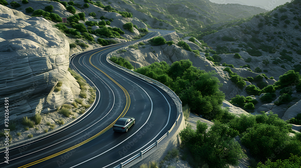 Aerial view of an electric car traveling on the road