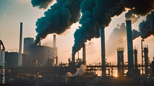 industrial factory with smoke at sunset  photo
