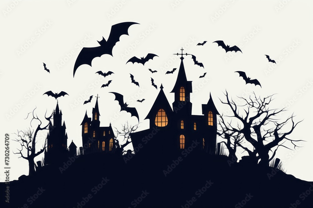 Haunted house silhouette with bats flying for Halloween themed projects.