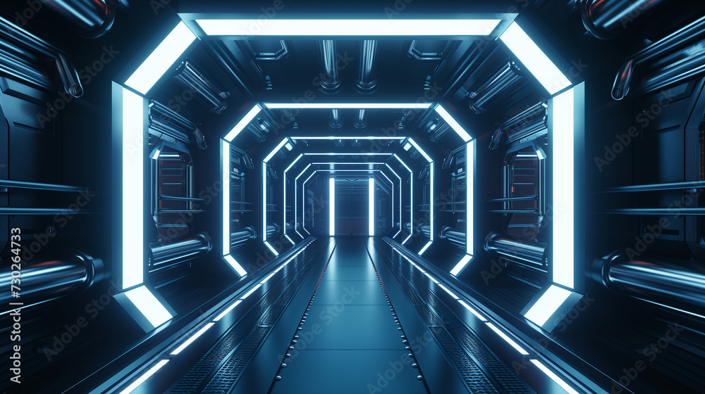 Futuristic hallway or corridor on a space station or large ship illuminated by lights Futuristic hallway or corridor on a space station or large ship illuminated by lights