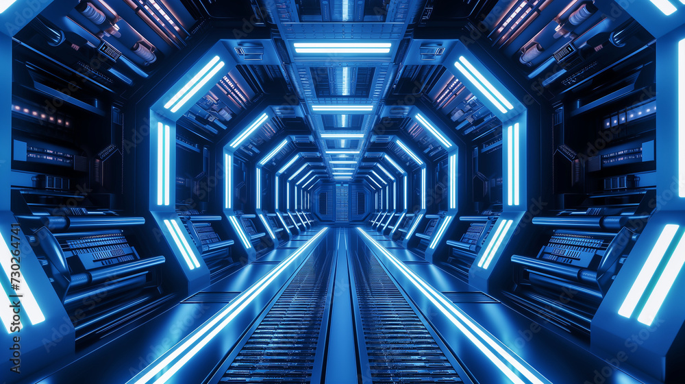 Futuristic hallway or corridor on a space station or large ship illuminated by lights Futuristic hallway or corridor on a space station or large ship illuminated by lights
