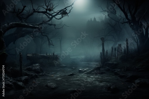 Haunted forest with mist. Halloween horror background photo