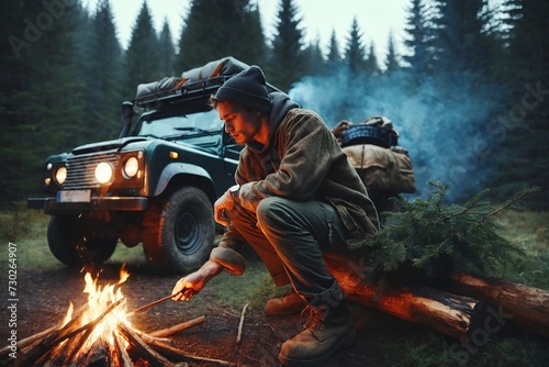 A young man lighting firewood for warmth next to his vehicle in the midst of a forest