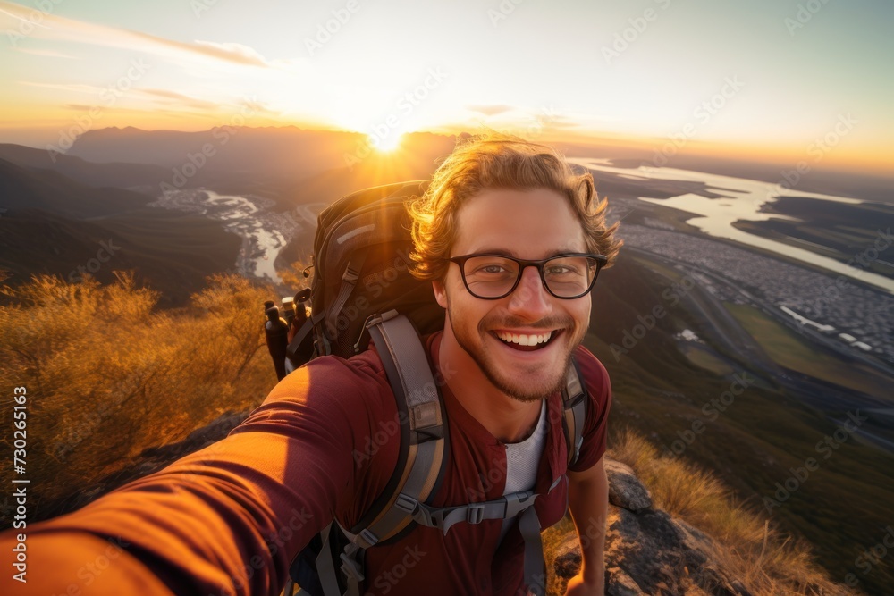 Naklejka premium Happy young man hiker taking selfie on top of mountain, smiling tourist with backpack and glasses enjoying beautiful sunset from the top of mountain