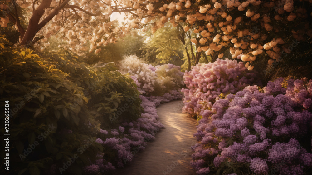 Lilac-lined garden path during the sunset. 