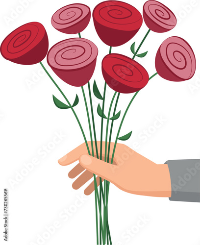 Vector bouquet of roses is held by a man's hand in a flat style.