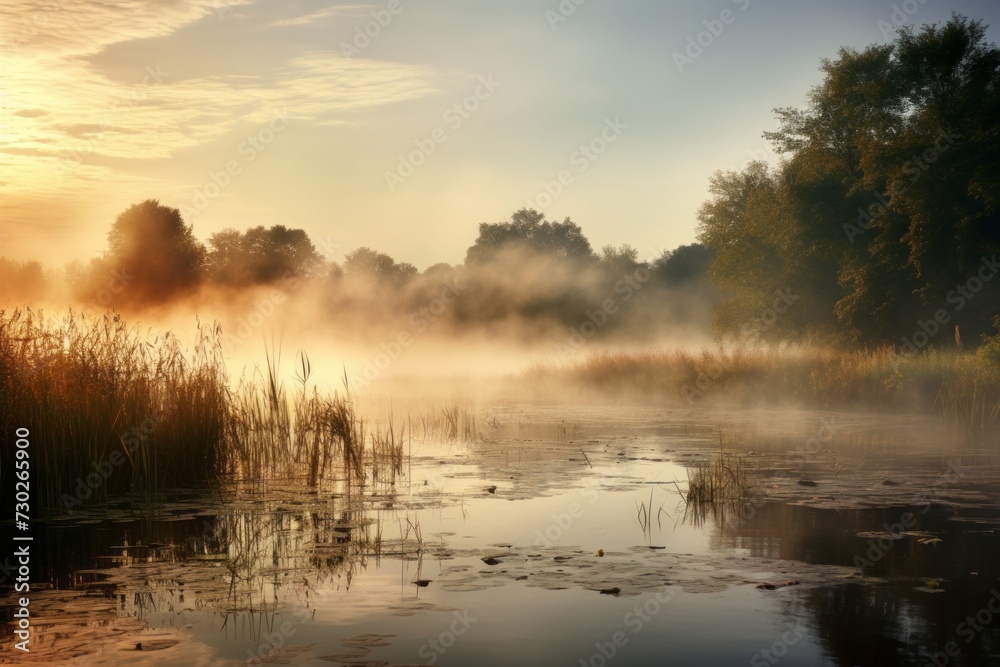 Fototapeta premium Misty morning scene with fog rising above a serene water body