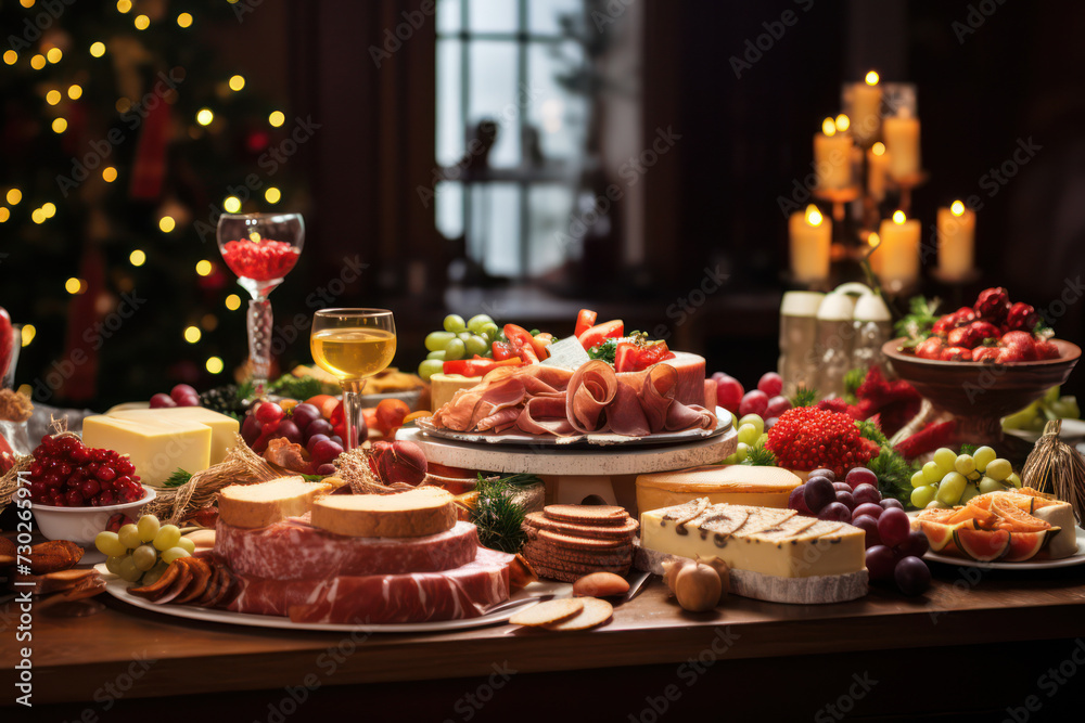 Festive Italian Antipasto: A Delicious Variety of Traditional Meat and Cheese on a Rustic Wooden Table with Wine, Perfect for Christmas Celebration