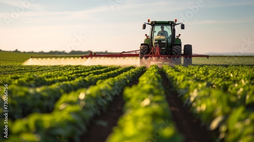 Agriculture tractor spraying fertilizer, Modern tractor spraying rural farmland