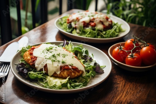 Plates of chicken parmigiana paired with a simple garden salad