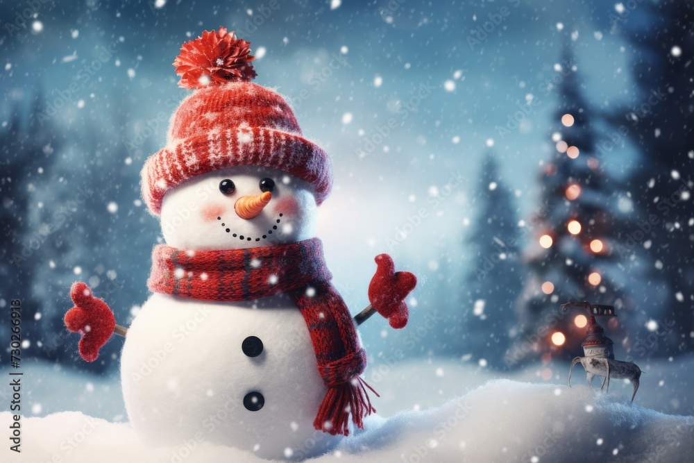 Playful snowflakes and a cheerful snowman on a snowy background.