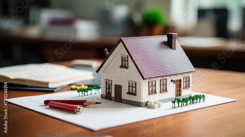 A concept hollo 3d render model of a small living house on a table in a real estate agency. signing mortgage contract document and demonstrating. futuristic business