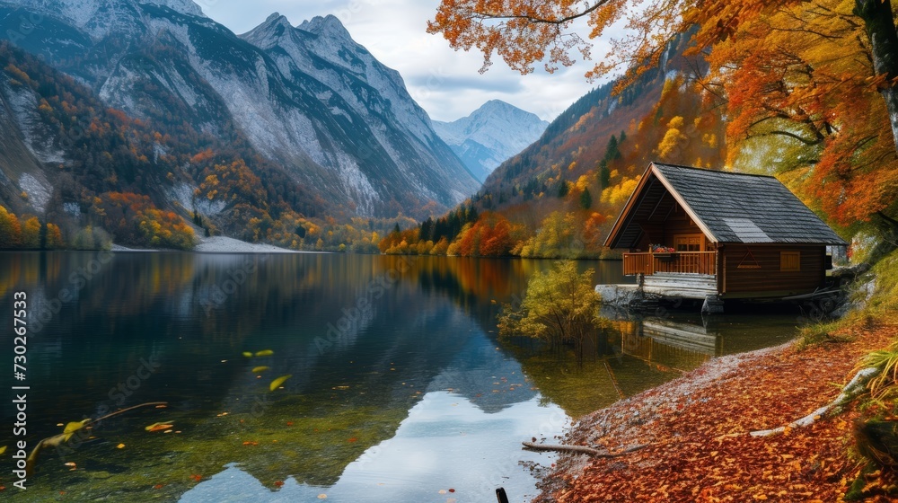 Tranquil cabin by a calm lake surrounded by a forest ablaze with autumn colors, reflecting a serene atmosphere.