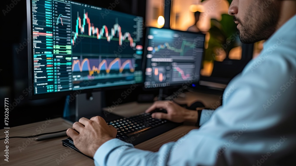 financial analyst analyzing market data on a computer. generative ai financial analyst analyzing market data on a computer. generative ai