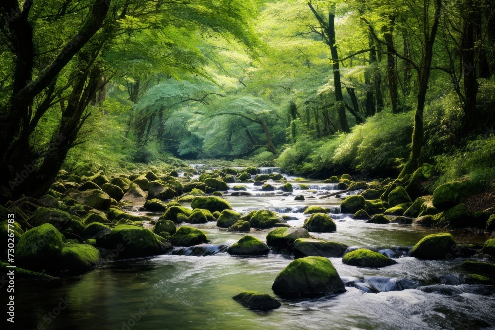 Obraz premium Serene forest stream winding through a lush and vibrant setting