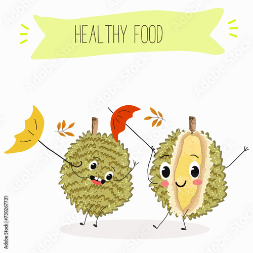 Cute  cartoon durian characters with different activities. Flat vector illustration, funny fruits. Organic food.