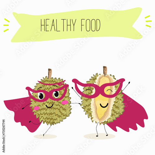 Cute  cartoon durian characters with different activities. Flat vector illustration, funny fruits. Organic food.