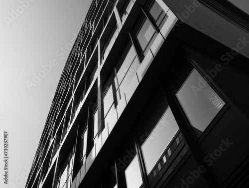 Black and white architectural photography of a modern building facade with a dynamic angle, showcasing a play of light and shadows on its surface