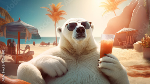 Anthropomorphic polar bear wearing sunglasses relaxes on a sandy beach with a cocktail. The bright daylight and tropical setting convey an atmosphere of relaxation and summer mood. Travel and Vacation