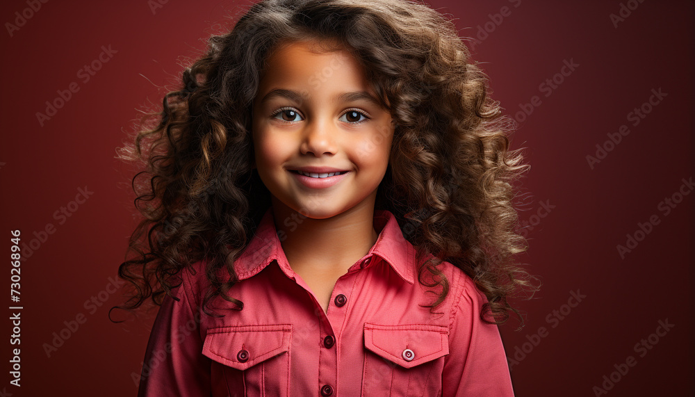 Smiling girl with curly hair, looking at camera, radiates happiness generated by AI Smiling girl with curly hair, looking at camera, radiates happiness generated by AI