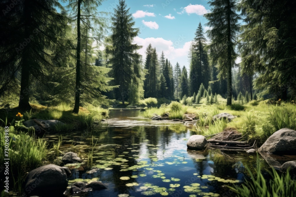 Tranquil forest glade with a crystal-clear pond reflecting the trees