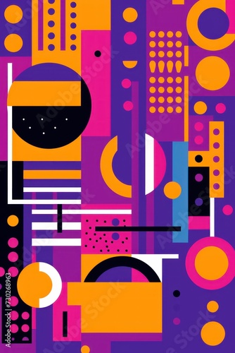 A Purple poster featuring various abstract design elements  in the style of pop art