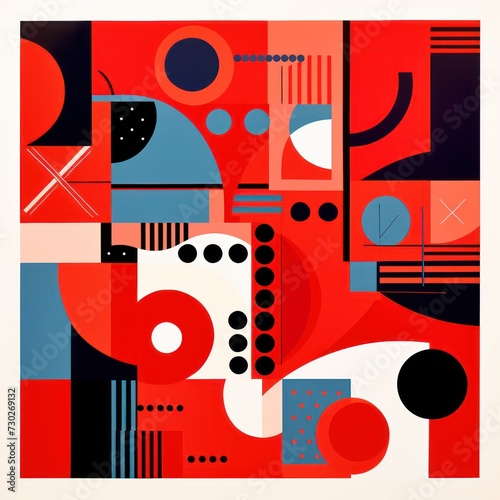 A Red poster featuring various abstract design elements  in the style of pop art