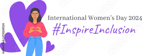 Inspire inclusion campaign pose. International Women's Day 2024 theme banner. Smiling black woman makes heart symbol with her hands to stop discrimination and stereotypes. Gender equal inclusive world