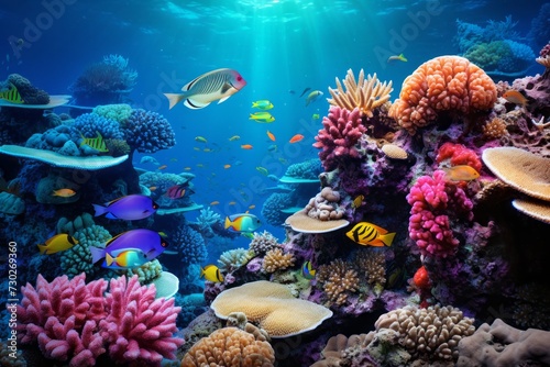 Underwater scene with diverse marine life and vibrant corals © KerXing