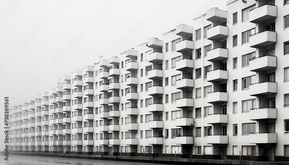 Modern apartment building with glass windows in a row generated by AI Modern apartment building with glass windows in a row generated by AI